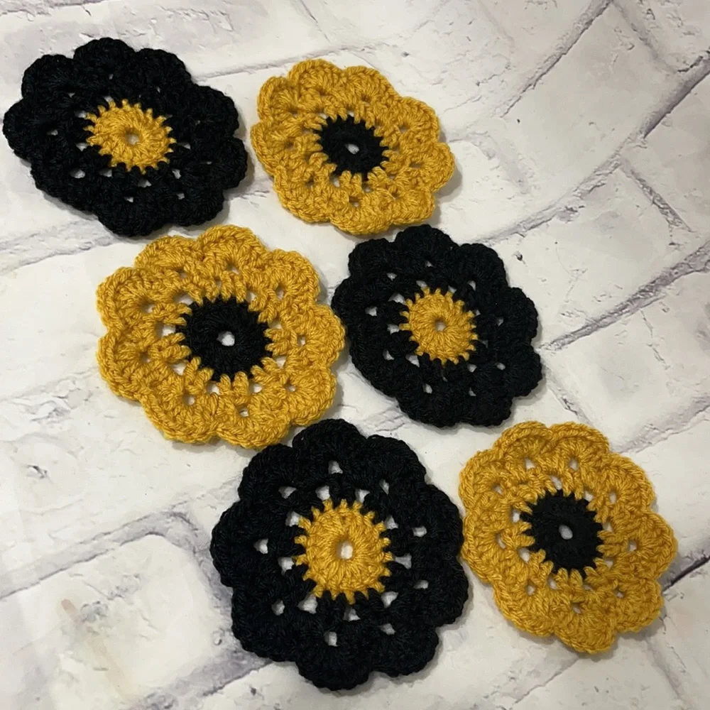Handmade Crochet Granny Circle Coasters Set of Six Black and Gold